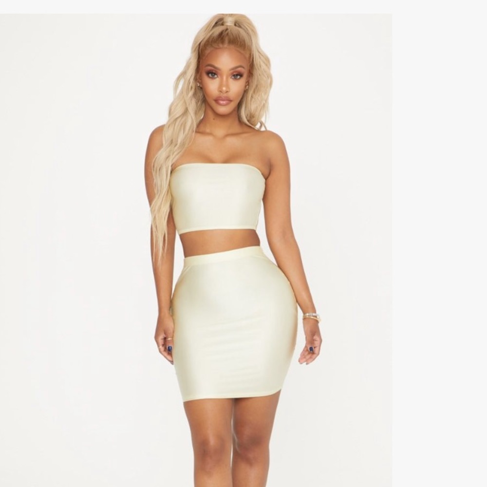 Prettylittlething bodycon top and skirt champagne